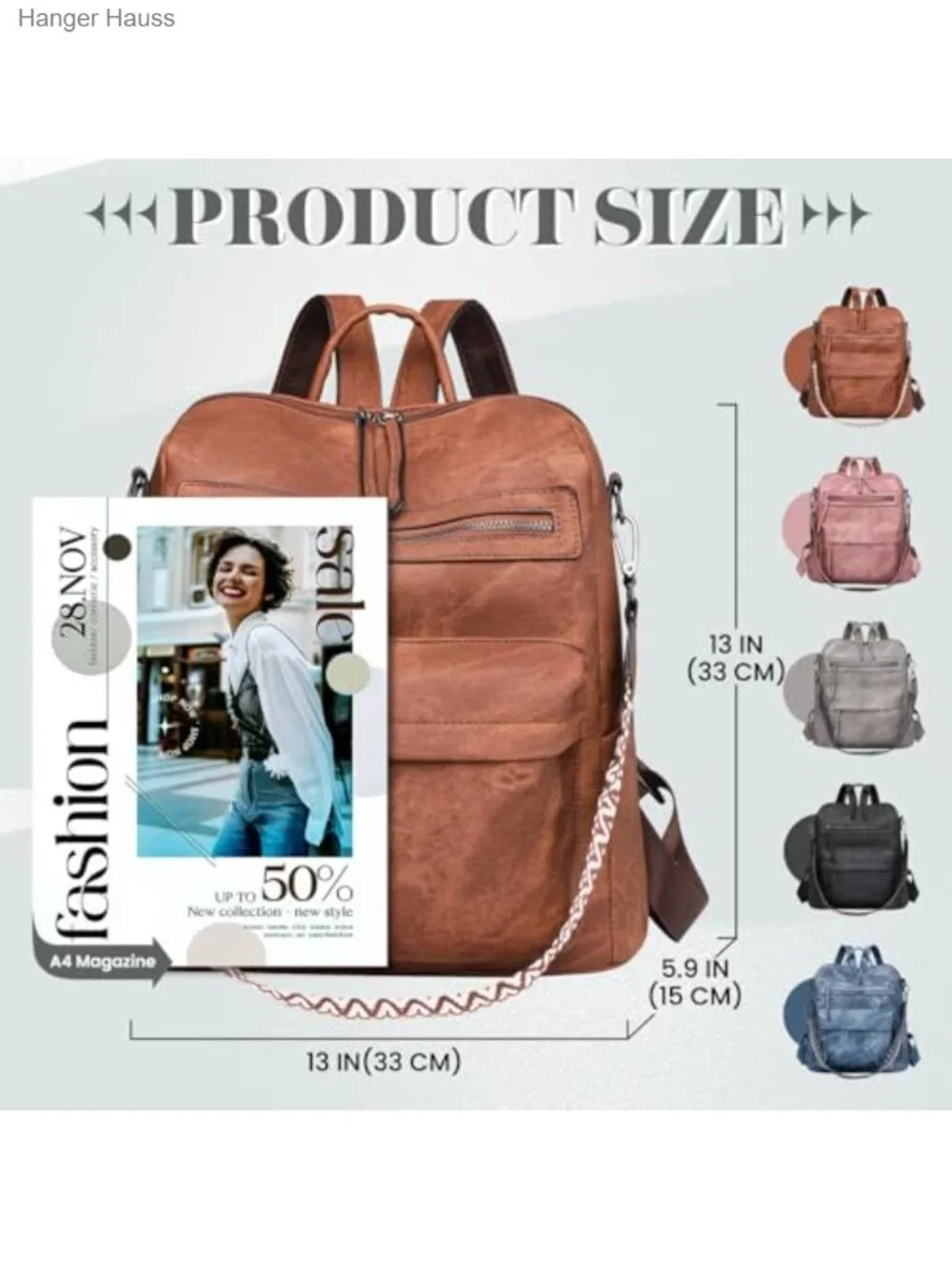 Women's PU Leather Backpack Purse, Multiple Pockets Waterproof, Adjustable